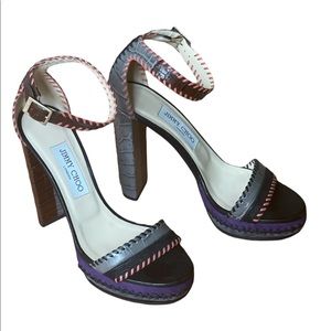 Jimmy Choo Multicolor Croc Embossed Leather And Suede Ankle Strap Platform Heels
